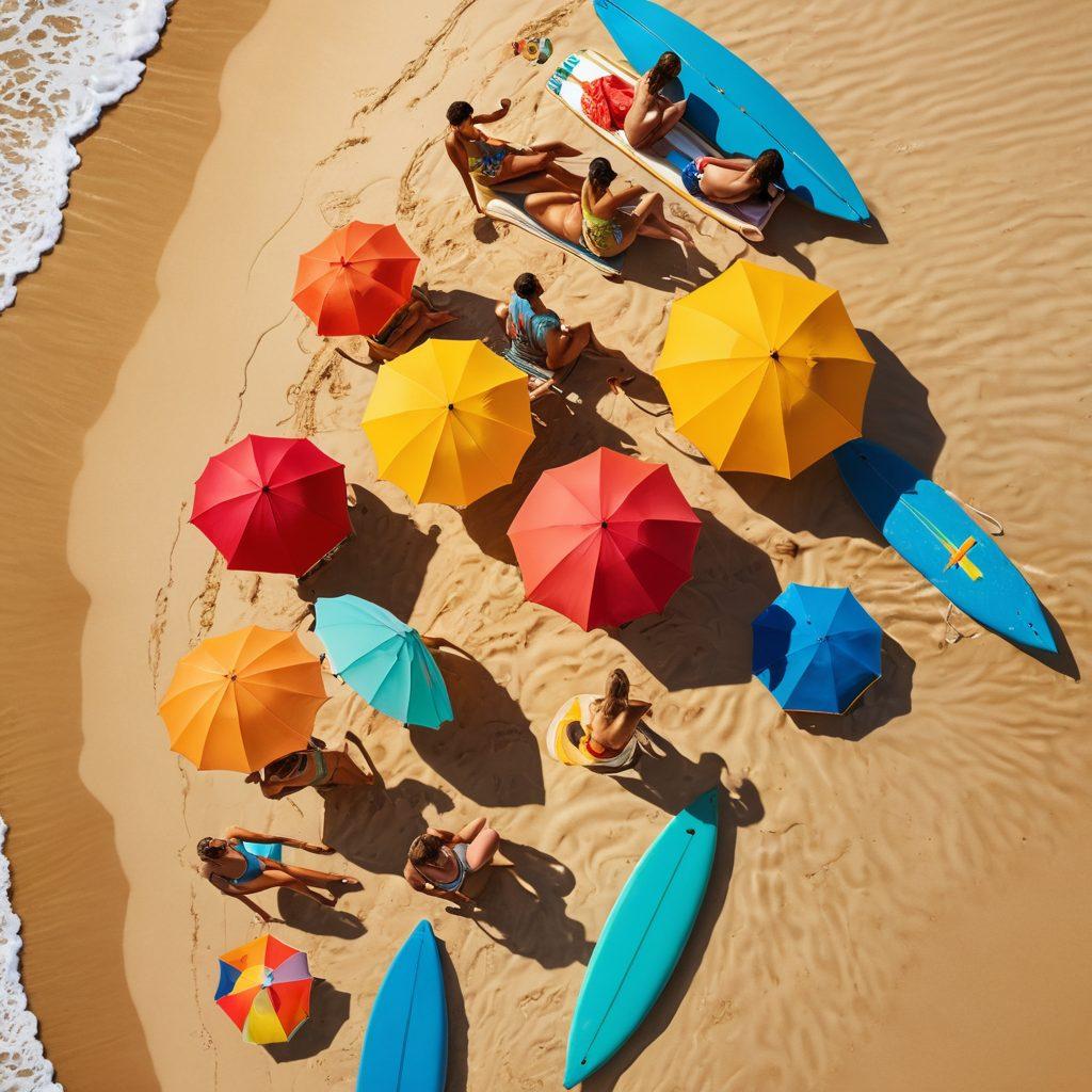 A vibrant beach scene showcasing a diverse group of people wearing stylish beachwear, captured in a sun-drenched moment by the ocean. Include bright umbrellas, surfboards, and beach accessories, with waves gently lapping against golden sands. The composition should evoke a sense of joy and summer fun, with dynamic poses and smiles. super-realistic. vibrant colors. summer vibes.